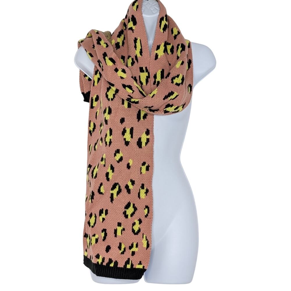 French Connection Leopard Print Knit Scarf In Pink Yellow Black NEW - Picture 9 of 10